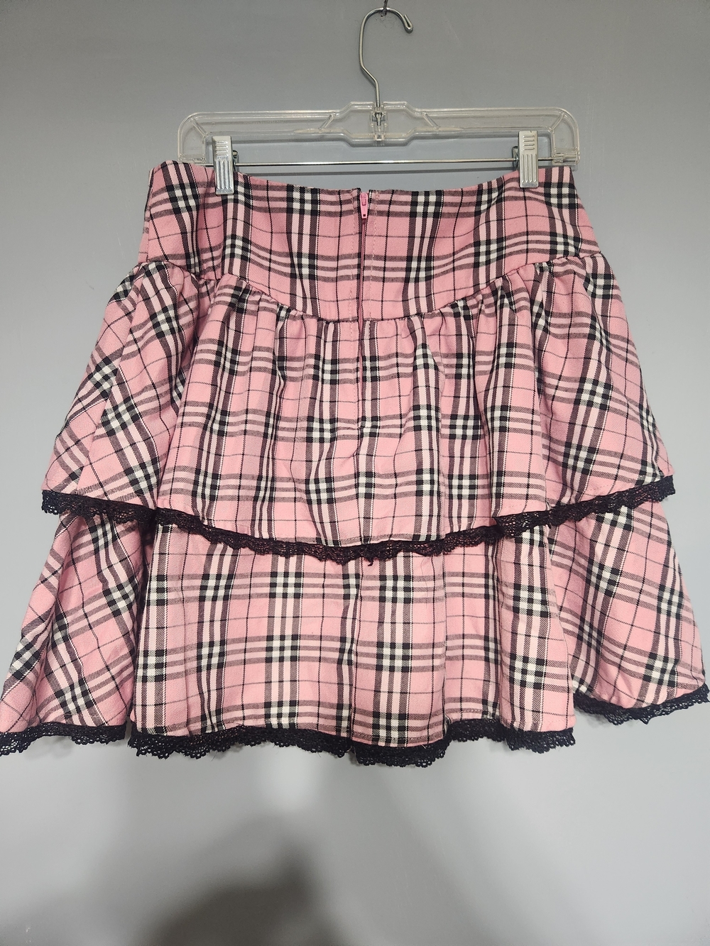 Hot Topic Pink & Black Plaid Corset Tie Lace Tiered Mini Skirt. Size XL. - Picture 5 of 8